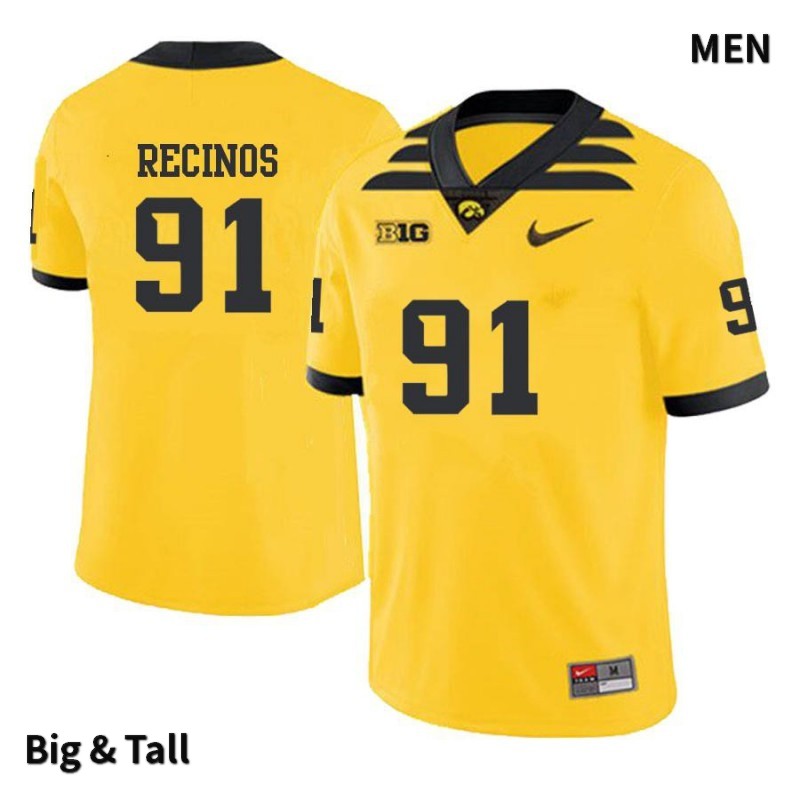 Men's Iowa Hawkeyes NCAA #91 Miguel Recinos Yellow Authentic Nike Big & Tall Alumni Stitched College Football Jersey GZ34X13FY